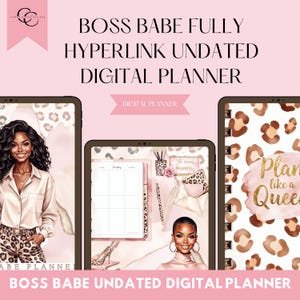 May include: Digital planner with a pink and leopard print theme. The text reads "BOSS BABE FULLY HYPERLINK UNDATED DIGITAL PLANNER" and "BOSS BABE UNDATED DIGITAL PLANNER". The planner includes illustrations of a woman and office supplies.