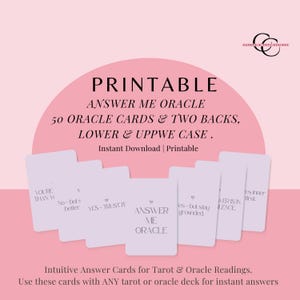 May include: A printable oracle card set with a pink background. The cards are white with text, including "Answer Me Oracle" and various phrases. The set includes 50 cards and two backs, designed for tarot and oracle readings.