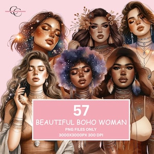 Pacote com 57 Cliparts de Mulher Boho PNG | Adesivos Digitais Boho, Impressão, Sublimação, Web Design | 3000 x 3000 px, 300 DPI, Fundo Transparente