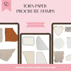May include: Digital Procreate stamps featuring torn paper textures. The image displays various paper shapes and textures on tablet screens. Text includes "Torn Paper Procreate Stamps" and "Procreate Stamps."