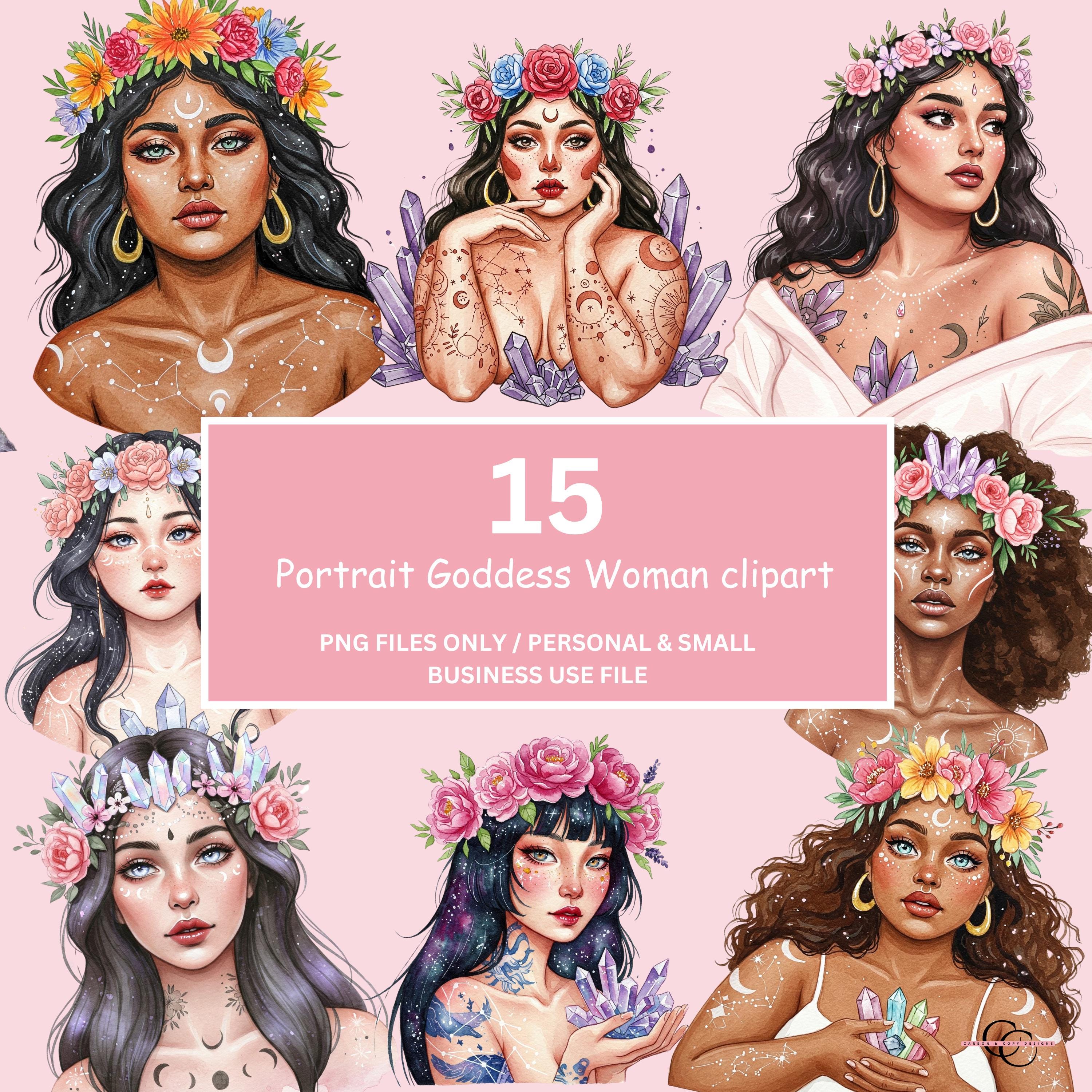 Mystical Goddess Clipart Bundle: Boho Floral PNG Portraits (digital ...