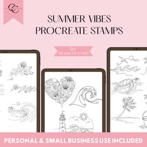 May include: Pink background with the text "Summer Vibes Procreate Stamps." The image displays three digital tablets showcasing line art stamps of seashells, waves, a lighthouse, and a turtle. Text at the bottom reads "Personal & Small Business Use Included."