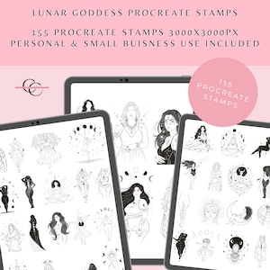 Pode incluir: Carimbos digitais Procreate com desenhos de linha de deusas lunares. A imagem mostra vários tablets exibindo ilustrações de mulheres com temas celestiais e místicos. O texto na parte superior diz "LUNAR GODDESS PROCREATE STAMPS" e "155 PROCREATE STAMPS".