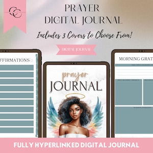 May include: A digital prayer journal displayed on three tablet screens. The center screen shows a cover with a person featuring dark curly hair, a gold halo, and colorful wings. The side screens show internal pages with sections for affirmations and gratitude.