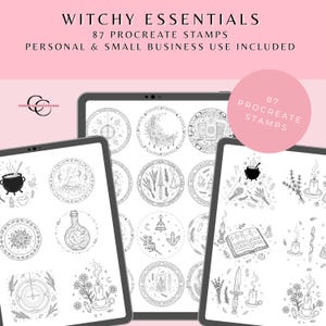 May include: Three digital tablets showing black and white witch-themed Procreate stamps. The stamps depict moons, cauldrons, candles, and other mystical elements. Text at the top reads "Witchy Essentials" and "87 Procreate Stamps."