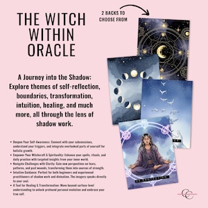 May include: The Witch Within Oracle deck, showcasing five cards with celestial and nature-inspired illustrations. The deck focuses on self-reflection, transformation, and intuition. The text on the cards includes "28 PROTECTION" and "2 BACKS TO CHOOSE FROM".