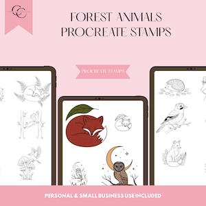 Peut inclure: Tampons numériques pour Procreate représentant des animaux de la forêt, tels que des renards et des hiboux. L'image affiche le texte "FOREST ANIMALS PROCREATE STAMPS" et "PERSONAL & SMALL BUSINESS USE INCLUDED" sur fond rose. Idéal pour l'art numérique.