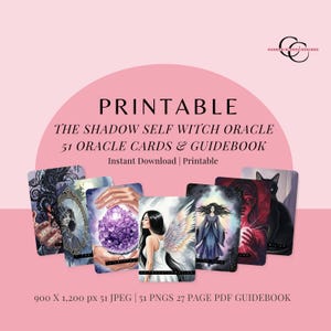 May include: A printable oracle card set titled "The Shadow Self Witch Oracle" with 51 cards and a guidebook. The cards feature illustrations of a mirror, crystals, a woman with wings, and other mystical imagery. The background is pink.