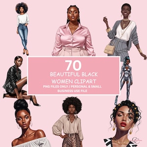 70 stijlvolle zwarte vrouwen PNG-clipartbundel | African American Girl Boss digitale stickers voor ambachten, planners, plakboeken, tijdschriften en meer