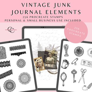 May include: Digital journal elements displayed on tablets. The image features the text "VINTAGE JUNK JOURNAL ELEMENTS" and "256 PROCREATE STAMPS". The elements include vintage photos, lace borders, and various decorative stamps.
