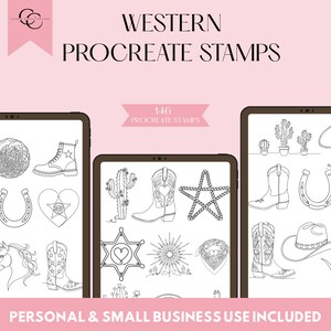 Puede incluir: Una colección digital de 146 sellos Western para Procreate mostrada en tres pantallas de tableta. Los dibujos de líneas en blanco y negro incluyen botas de vaquero, cactus, herraduras, estrellas de sheriff, un sombrero y un pañuelo.