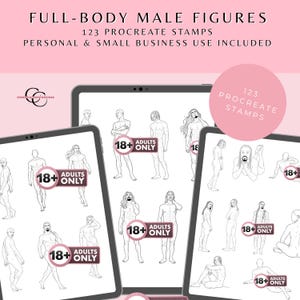 May include: Digital art stamps for Procreate featuring full-body male figures. The image includes three tablets displaying various male figure illustrations. Text on the image reads "FULL-BODY MALE FIGURES", "123 PROCREATE STAMPS", and "ADULTS ONLY".