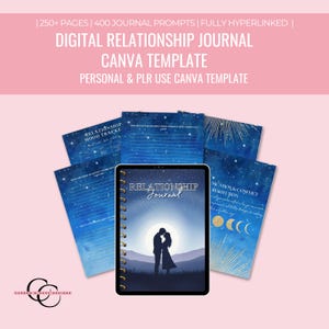 May include: Digital relationship journal Canva template with over 250 pages and 400 journal prompts. The journal features a cover with a silhouette of a couple and is surrounded by blue and white pages.