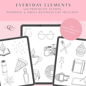 May include: Digital art set titled "Everyday Elements" with 100 Procreate stamps. The image shows three tablets displaying black and white line drawings of everyday objects like a camera, coffee cup, and cupcake. Text includes "Personal & Small Business Use Included."
