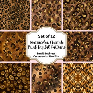 12 Watercolor Cheetah Patterns | Brown, Black and Gold Animal Prints | Digital Backgrounds for Crafts, Sublimation, Web Design | JPG