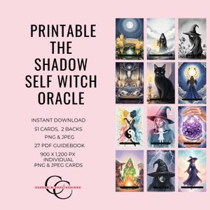 May include: A printable Shadow Self Witch Oracle deck with 51 cards, 2 backs, and a 27-page guidebook. The cards feature watercolor illustrations of witches, cats, and mystical scenes. The text on the image says "PRINTABLE THE SHADOW SELF WITCH ORACLE".