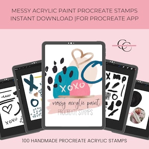 Könnte beinhalten: Werbung für digitale Kunstprodukte, die mehrere Tablets mit abstrakten Designs zeigt. Der Text lautet "MESSY ACRYLIC PAINT PROCREATE STAMPS" und "100 HANDMADE PROCREATE ACRYLIC STAMPS". Die Farbgebung umfasst Rosa, Blau, Schwarz und Gold.