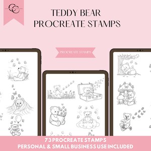 May include: A digital art set featuring teddy bear illustrations. The image displays multiple Procreate stamps of teddy bears in various scenes, including with butterflies, on a cloud, and riding a tricycle. Text includes "Teddy Bear Procreate Stamps".