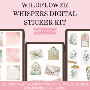 Oltre 440 adesivi digitali di fiori selvatici / kit PNG con carta strappata, nastro adesivo, graffette e fiori per diari, agende e scrapbooking