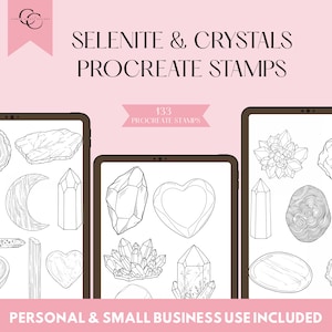 May include: Digital Procreate stamps featuring selenite and crystal designs. The image includes the text "Selenite & Crystals Procreate Stamps" and "133 Procreate Stamps". The bottom of the image reads "Personal & Small Business Use Included".