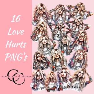 Paquete de 16 pegatinas Love Hurts PNG, imágenes prediseñadas, tatuajes, adultos jóvenes, adolescentes, corazón roto, emociones, sublimación, impresión, diseños web, manualidades