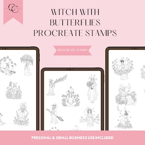 Puede incluir: Sellos digitales de Procreate con ilustraciones de brujas con mariposas. El texto dice "Witch with Butterflies Procreate Stamps" y "Procreate Stamps". La parte inferior de la imagen dice "Personal & Small Business Use Included".