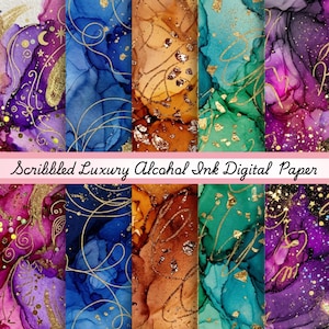 May include: A collection of digital paper designs featuring alcohol ink patterns in purple, blue, orange, green, and magenta with gold scribbled lines and foil accents. The text Scribbled Luxury Alcohol Ink Digital Paper is centered.