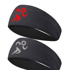 May include: Two black headbands with a gray and red running symbol and a gear design.