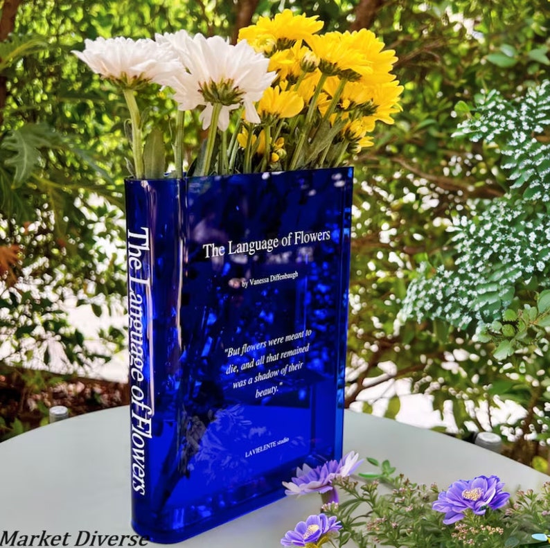 Vase livre en acrylique pour décoration d'étagère Décoration d'intérieur moderne pour les amateurs de livres et de fleurs, cadeaux pour événements, anniversaires et pendaison de crémaillère Bleu