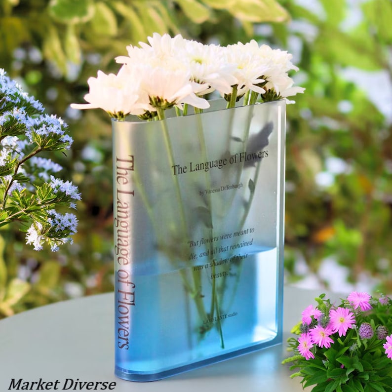 Vase livre en acrylique pour décoration d'étagère Décoration d'intérieur moderne pour les amateurs de livres et de fleurs, cadeaux pour événements, anniversaires et pendaison de crémaillère Blue Fade