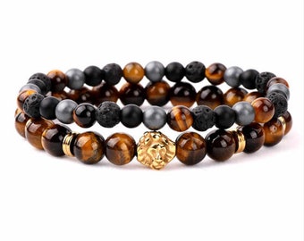 Ensemble de bracelets en perles de lion en acier inoxydable, pierre naturelle, pierre de lave, pierre de lave, onyx mat