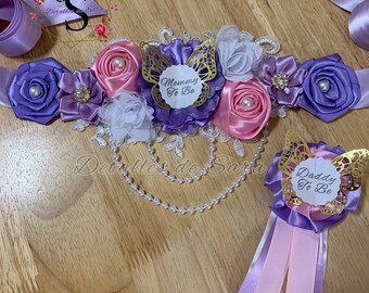 Purple and Pink Maternity Sash, and Daddy to Be Pin. Purple and pink pregnant belt, Baby Shower Belly Sash.