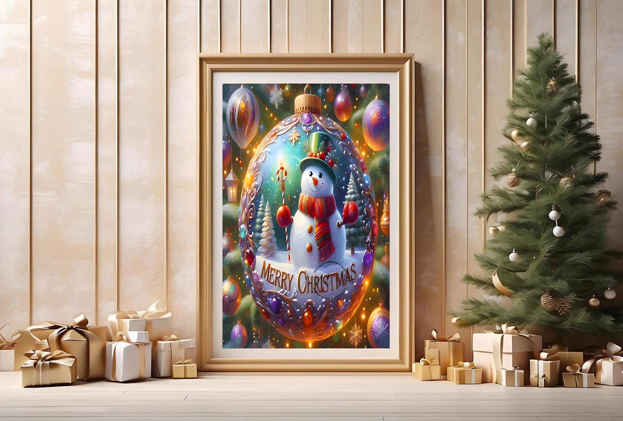 Discover Snowman Holiday Poster, Christmas Decor, Xmas Tree Bulb Art Print