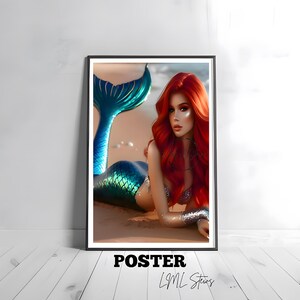Meerjungfrau Wand Kunst Druck, Rothaarige Fantasy Poster, Küsten Dekor, Ozean Thema, Giclée Kunst, Strandhaus Kunstwerk