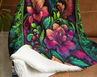 Coperta con vivaci motivi floreali e plaid in pile sherpa colorato