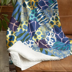Abstract Patchwork Sherpa Blankets and Throws, Blue Animal Print, Fleece Fabric