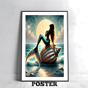 Mermaid Portrait Poster, Mystical Fairytale Art Print, Fantasy Home Décor