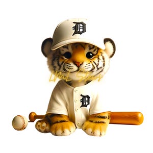 May include: A cute tiger cub wearing a baseball uniform, including a cream-colored cap and jersey with a black "D" logo. A baseball and wooden bat are placed in front of the cub. The cub has orange and black stripes.