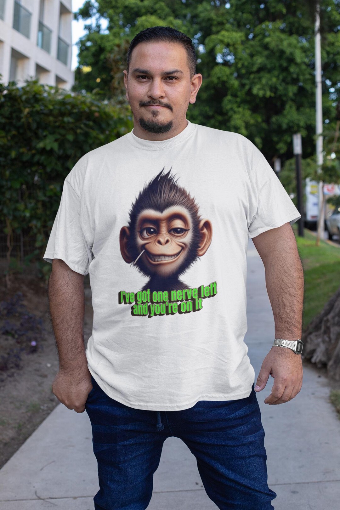 Funny Sarcastic Monkey Graphic T-shirt, One Nerve Left Humor Quote ...
