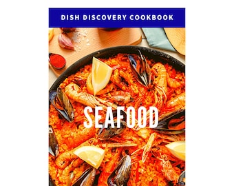 May include: A close-up of a seafood paella dish with shrimp, mussels, and lemon wedges. The dish is in a black pan and the text "SEAFOOD" is written in white letters on top of the dish. The text "103 PLR SEAFOOD RECIPES" is written in white letters on a blue bar at the bottom of the image.
