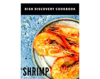 May include: A close-up of a silver platter with three cooked shrimp. The shrimp are orange and red and are arranged in a pile. The platter is on a blue and white wooden surface. The text "SHRIMP" is in black letters on the image. The text "574 PLR SHRIMP RECIPES" is in black letters at the bottom of the image.