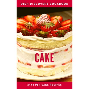 Op de afbeelding: Een witte cake met slagroom frosting en verse aardbeien erop. De cake staat op een wit bord en de tekst "CAKE" is in rode letters op de cake geschreven. De tekst "2444 PLR CAKE RECIPES" is in rode letters onderaan de afbeelding geschreven.