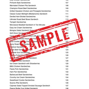 May include: A table of contents for a cookbook with a red stamp that says "SAMPLE" over the page. The table of contents lists different types of sandwiches, including chicken, beef, and vegetarian options.