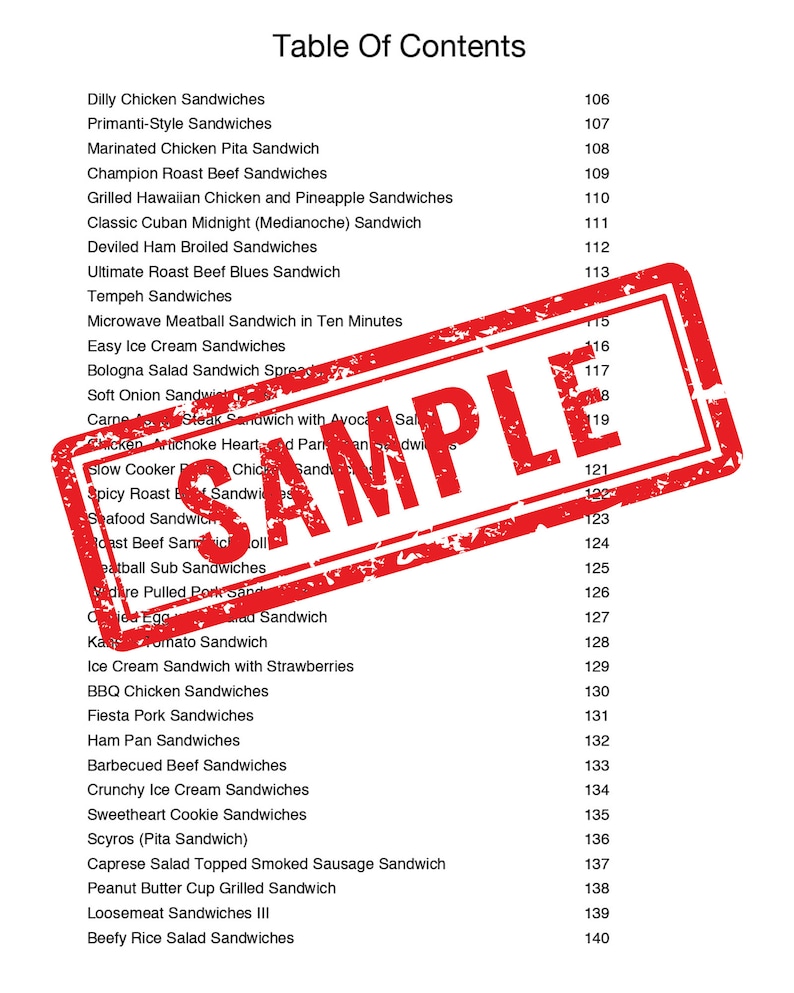 May include: A table of contents for a cookbook with a red stamp that says "SAMPLE" over the page. The table of contents lists different types of sandwiches, including chicken, beef, and vegetarian options.