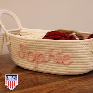 Personalized Baby Gifts Basket, Custom Monogram  Kids Name Nursery Basket, Embroidered Baby Rope Cotton Toy Storage Basket, Baby Shower Gift