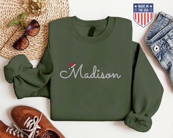 Custom Embroidered Crewneck Sweatshirt, Personalized Christmas Name Santa Hat Sweatshirt, Christmas Matching Winter Sweater, Christmas Gifts