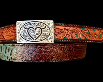 Custom Leather Belt - Exotic Print with Floral Tip