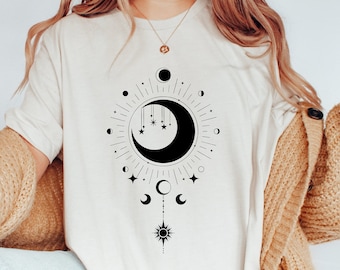 Koszulka Celestial Moon Phases, Sun Moon Stars, koszulka astrologiczna, ubrania czarownic, stroje Fairycore, Sea of Stars, odzież duchowa, joga