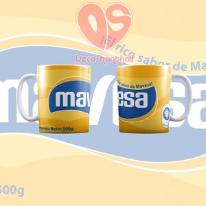 Puede incluir: Dos tazas de cer&aacute;mica amarillas con un logotipo azul y blanco que dice "Mavesa" y el texto "rico sabor de Mavesa!" Las tazas son de 500 g.