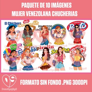 Puede incluir: Un paquete de arte digital con diez ilustraciones de mujeres venezolanas con varios bocadillos y golosinas. Las imágenes incluyen texto en español, como "El Chichero" y "Peto", y están en formato PNG.